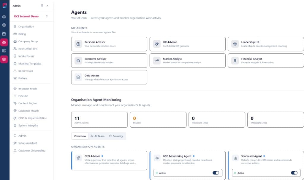 DCE Agents dashboard — AI advisors and organisation-wide agent monitoring