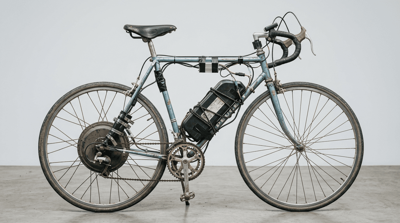 Traditional bicycle with an electric motor awkwardly strapped on